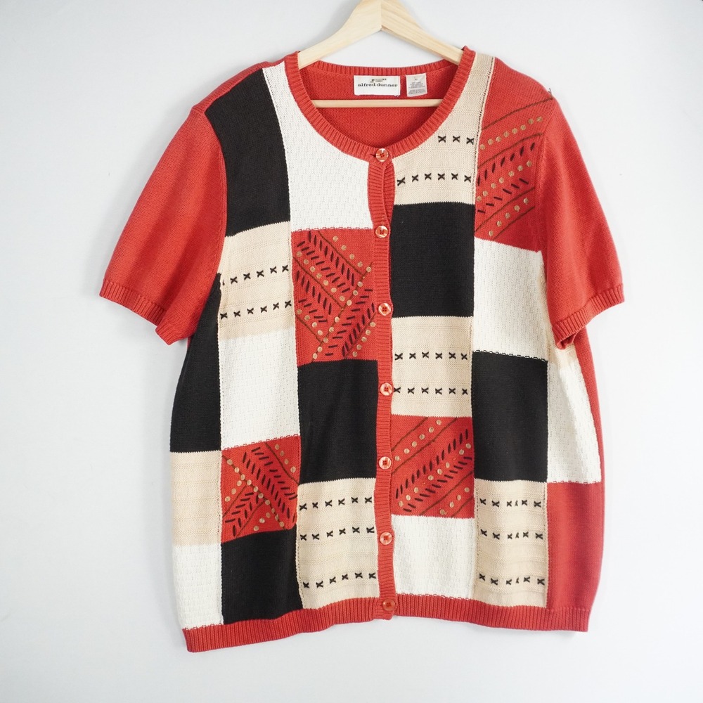 VTG Dunner XL Patchwork Short Sleeve‎ Button Cardigan Sweater Red Black Teacher